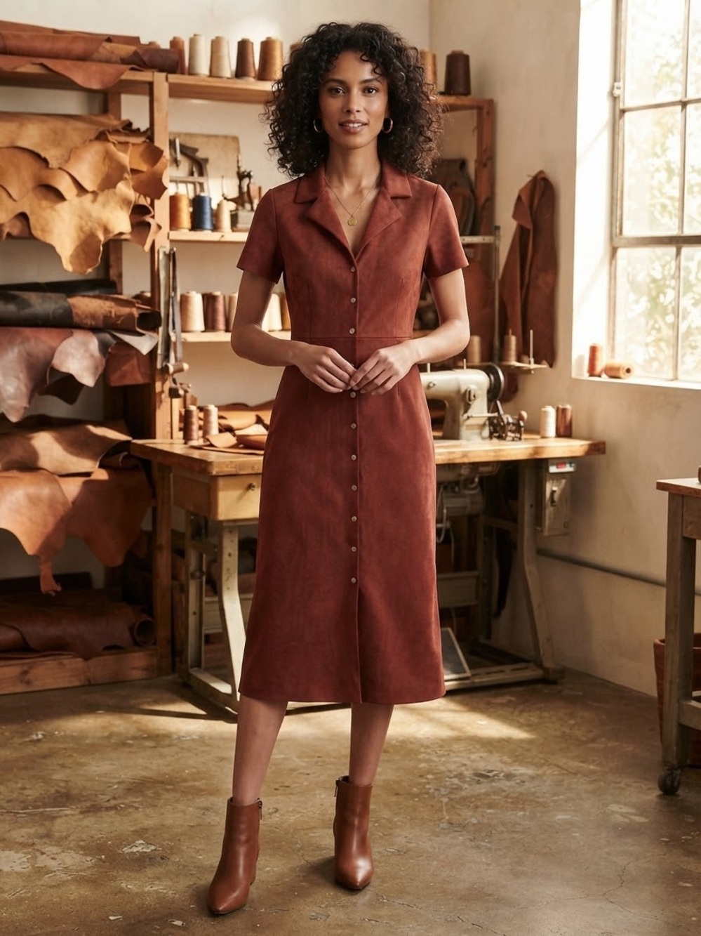 Vince Camuto Rust Button-Front Short Sleeve Midi Dress